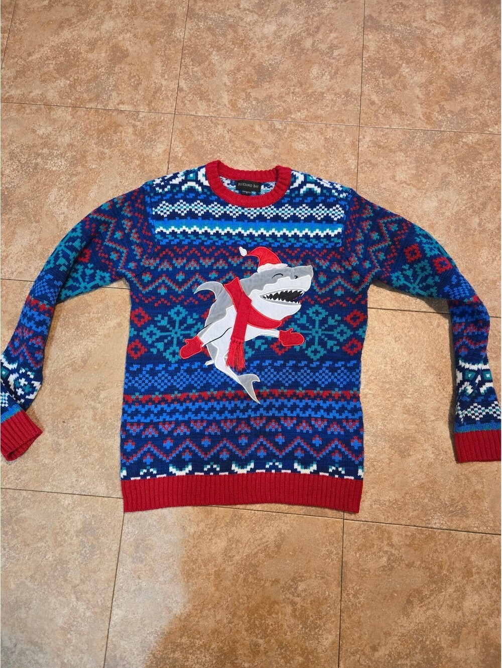 Blizzard Bay Men's Size S Christmas Shark Santa Hat Ugly Fair Isle Knit Sweater